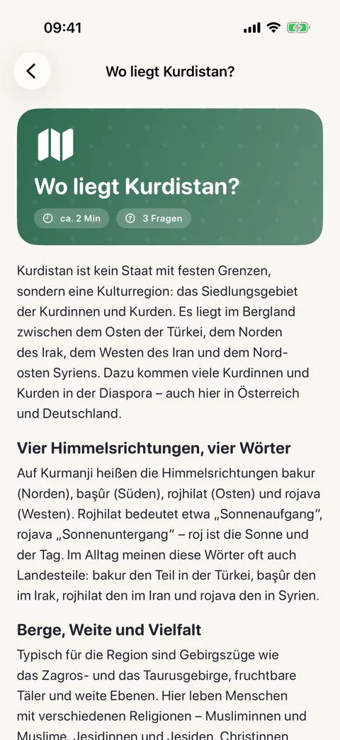 Die Lektion „Wo liegt Kurdistan?“ mit Text über die Himmelsrichtungen und Schlüsselwörtern.
